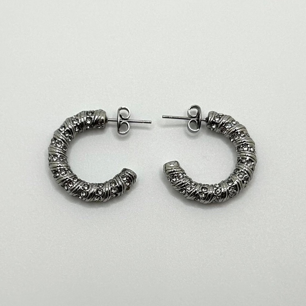Nickel Free Silver Hoop Earrings, Textured Twisted Hoops Zirconia C Shaped